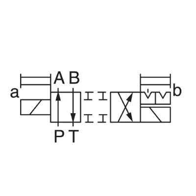 Symbol hydrauliczny zaworu kierunkowego Yuken DSG-01-2D2 – 2-położeniowy, zatrzaskowy (detent), sterowany elektromagnetycznie