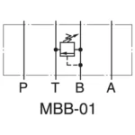 Symbol hydrauliczny modułowego zaworu bezpieczeństwa Yuken MBB-01, przedstawiający działanie w linii B.