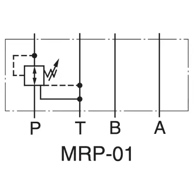 Symbol hydrauliczny modułowego zaworu redukcyjnego ciśnienia Yuken MRP-01, przedstawiający działanie i stabilizację ciśnienia w głównej linii P.