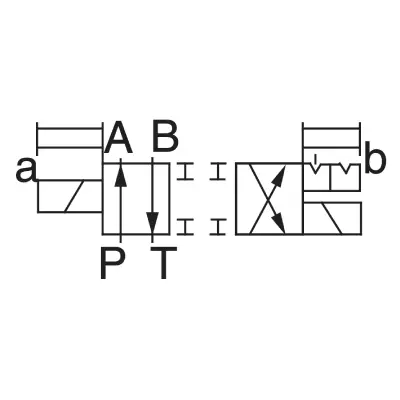 Symbol hydrauliczny zaworu kierunkowego Yuken DSG-01-2D2 – 2-położeniowy, zatrzaskowy (detent), sterowany elektromagnetycznie