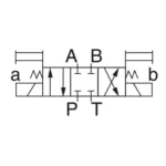 Symbol hydrauliczny zaworu kierunkowego Yuken DSG-01-3C2 – 4-drogowy, 3-położeniowy, wszystkie porty zamknięte w pozycji neutralnej, sterowany elektromagnesami, centrowany sprężynami.