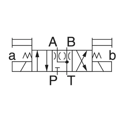 Symbol hydrauliczny zaworu kierunkowego Yuken DSG-01-3C40 – 3-położeniowy, porty A i B do T, P zamknięty, sterowany elektromagnetycznie