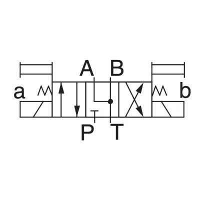 Symbol hydrauliczny zaworu kierunkowego Yuken DSG-01-3C40 – 3-położeniowy, porty A i B do T, P zamknięty, sterowany elektromagnetycznie