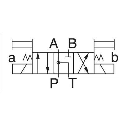 Symbol graficzny dla elektrozaworu hydraulicznego Yuken 3C5 z centrum tandemowym, pokazujący odciążenie pompy P-T w pozycji neutralnej.