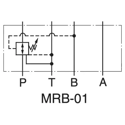 Symbol hydrauliczny modułowego zaworu redukcyjnego Yuken MRB-01, pokazujący funkcję redukcji ciśnienia w linii B.