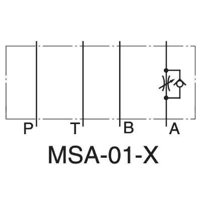 Symbol hydrauliczny zaworu dławiąco-zwrotnego Yuken MSA-01-X – dławienie na wylocie z linii A (Metre-Out).