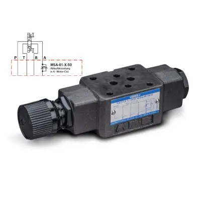 Modułowy zawór dławiąco-zwrotny Yuken MSA-01-X-50 z pokrętłem regulacyjnym – zdjęcie produktu ze schematem.
