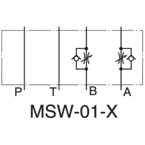 Symbol hydrauliczny podwójnego zaworu dławiąco-zwrotnego Yuken MSW-01-X – dławienie na wylocie z linii A i B (Metre-Out).