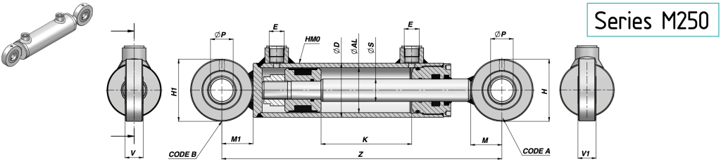 Siłownik dwustronnego działania Contarini HMC z mocowaniami końcowymi, idealny do złożonych układów hydraulicznych wymagających precyzji ruchu.