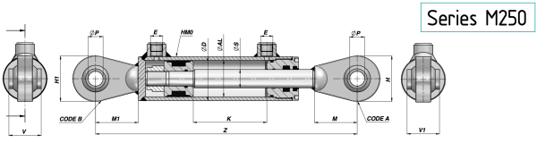 Siłownik hydrauliczny Contarini HM1 z końcówkami dla łatwego montażu w układach hydraulicznych maszyn budowlanych i rolniczych.