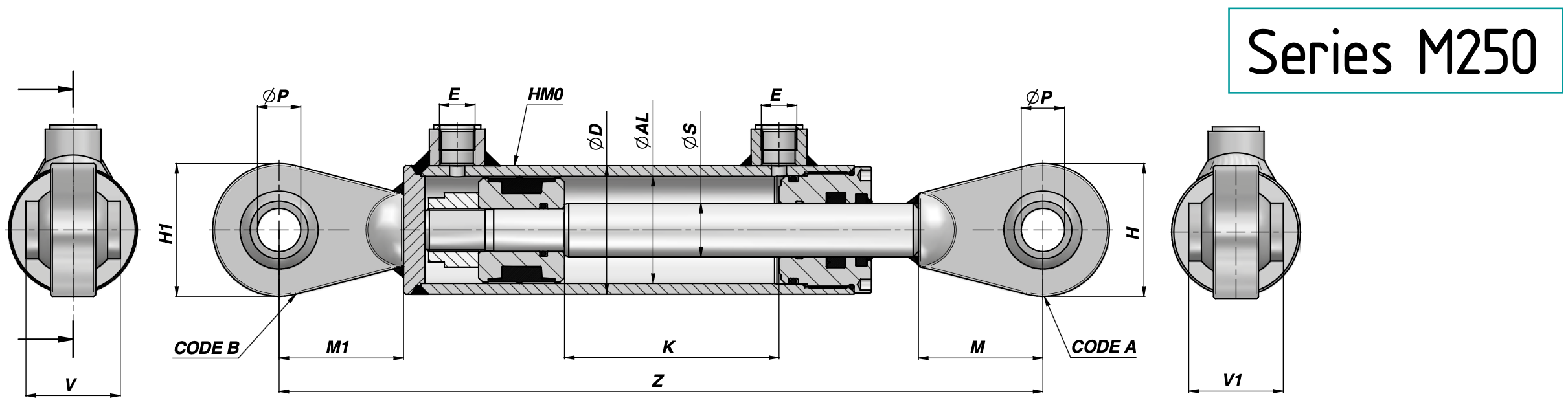 Siłownik hydrauliczny Contarini HM1 z końcówkami dla łatwego montażu w układach hydraulicznych maszyn budowlanych i rolniczych.