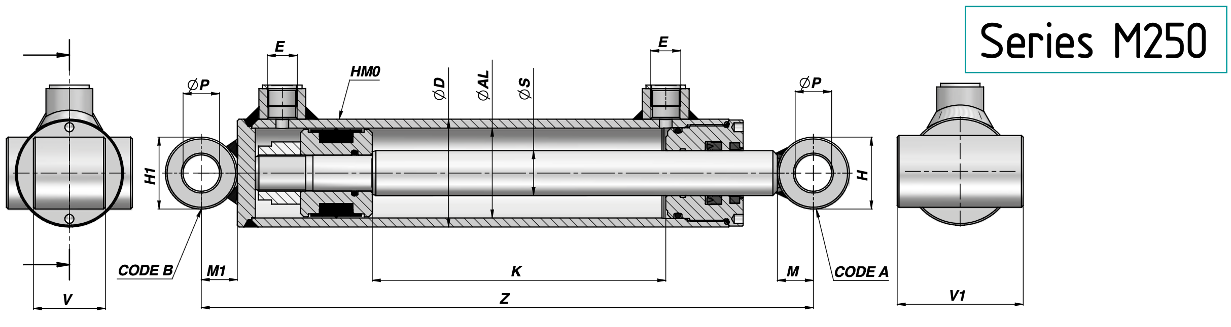 Siłownik hydrauliczny Contarini HM2, wersja z końcówkami do zastosowań, gdzie wymagana jest elastyczność ruchu i mocne połączenie.