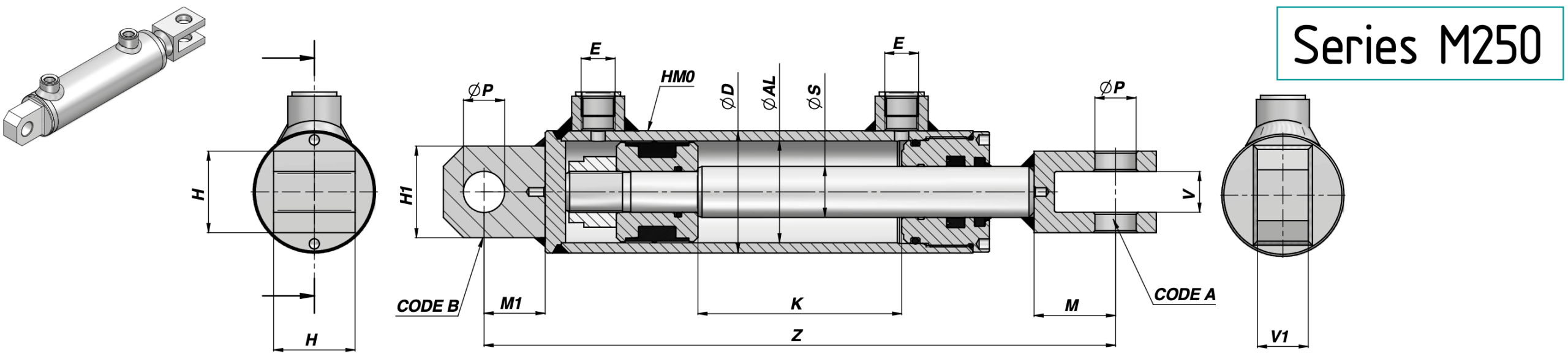 Siłownik dwustronnego działania Contarini HM5 z mocowaniami końcowymi, zaprojektowany do optymalnej wydajności w systemach hydrauliki siłowej.