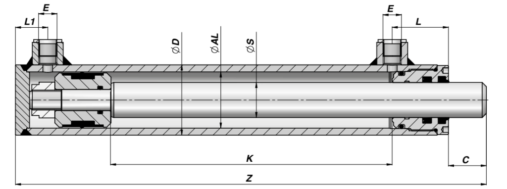 Rysunek techniczny siłownika hydraulicznego dwustronnego działania Contarini HMO-M250 z widocznymi wymiarami i oznaczeniami technicznymi, takimi jak ØD, ØS, Z, K, E, L, L1, C, oraz przekrój wewnętrzny.