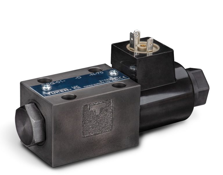 Rozdzielacz hydrauliczny Yuken DSG-01, sterowany cewką (DC24V lub AC240V), typ 2-pozycyjny, z przesunięciem sprężynowym (Spring Offset), montaż CETOP 3