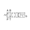 Symbol hydrauliczny rozdzielacza Yuken DSG-01-2B2 i DSG-03-2B2, 2-pozycyjny, z przesunięciem sprężynowym, typ zamknięty w pozycji spoczynkowej (P do T, A i B zablokowane).