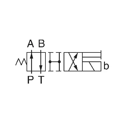 Symbol hydrauliczny rozdzielacza Yuken DSG-01-2B3 i DSG-03-2B3, 2-pozycyjny, z przesunięciem sprężynowym, typ w pozycji spoczynkowej z P i T zablokowanymi, A i B do T.