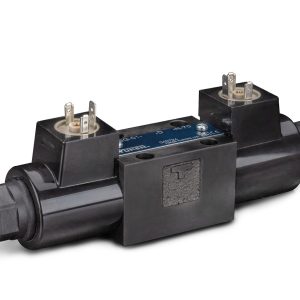 Rozdzielacz hydrauliczny Yuken DSG-01, sterowany dwoma cewkami (DC24V lub AC240V), typ 3-pozycyjny, ze sprężyną centrującą (Spring Centered), montaż CETOP 3