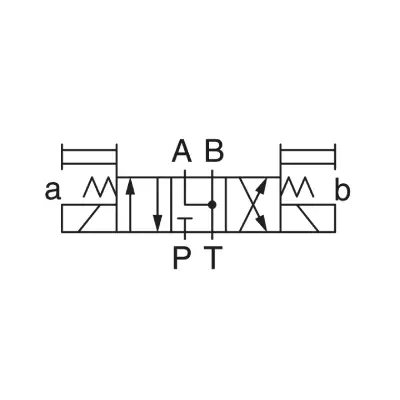 Symbol hydrauliczny rozdzielacza Yuken DSG-01-3C4 i DSG-03-3C4, 3-pozycyjny, ze sprężyną centrującą, neutralna pozycja z P do T, A i B zablokowane.
