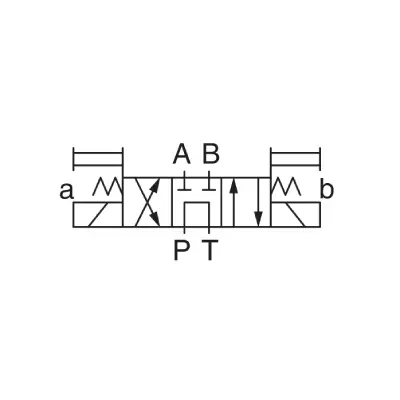 Symbol hydrauliczny rozdzielacza Yuken DSG-01-3C60 i DSG-03-3C60, 3-pozycyjny, ze sprężyną centrującą, neutralna pozycja z A i B połączonymi, P i T zablokowane.