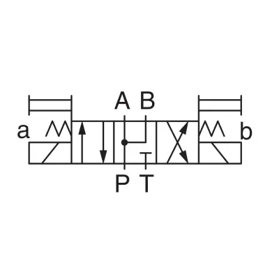 Symbol hydrauliczny rozdzielacza Yuken DSG-01-3C9 i DSG-03-3C9, 3-pozycyjny, ze sprężyną centrującą, neutralna pozycja z P do A/B, T zablokowane.