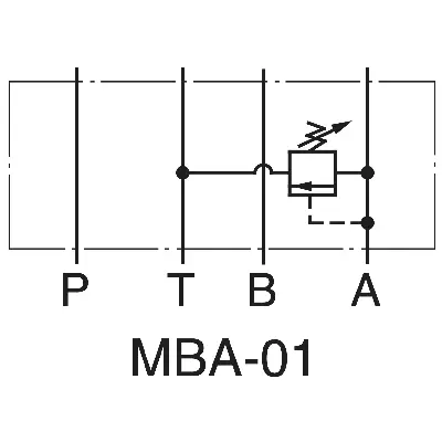 Symbol hydrauliczny zaworu przelewowego Yuken MBA-01, pokazujący połączenie między linią roboczą A a linią powrotną T.