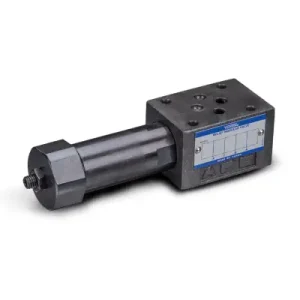 Modularny zawór przelewowy Yuken serii MB z czarnym korpusem i mechanizmem regulacji ciśnienia.