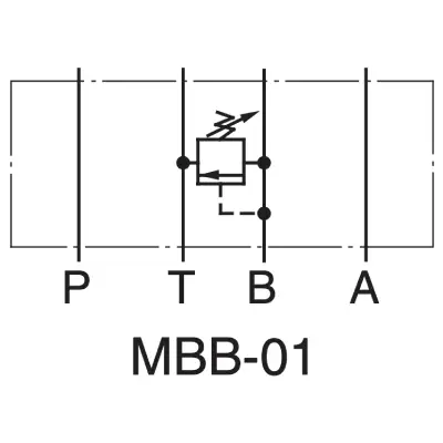 Symbol hydrauliczny zaworu przelewowego Yuken MBB-01, pokazujący połączenie między linią roboczą B a linią powrotną T.