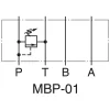 Symbol hydrauliczny zaworu przelewowego Yuken MBP-01, pokazujący połączenie między linią ciśnieniową P a linią powrotną T.