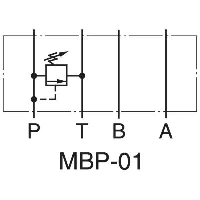 Symbol hydrauliczny zaworu przelewowego Yuken MBP-01, pokazujący połączenie między linią ciśnieniową P a linią powrotną T.