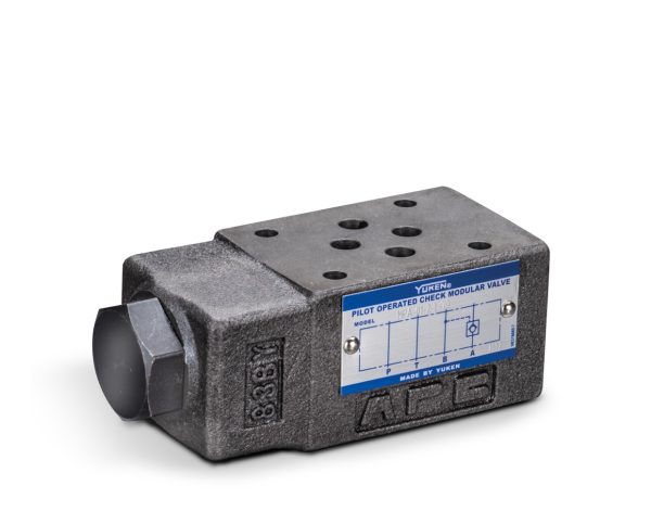 MPA,MPB-01 Zdjęcie zaworu zwrotnego sterowanego Yuken MPA-01. Modułowy zamek hydrauliczny NG6 do montażu warstwowego w układach hydrauliki siłowej.