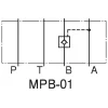 Symbol hydrauliczny zamka hydraulicznego Yuken MPB-01. Schemat przedstawia zawór zwrotny sterowany w linii B, z pilotem podłączonym do linii A.