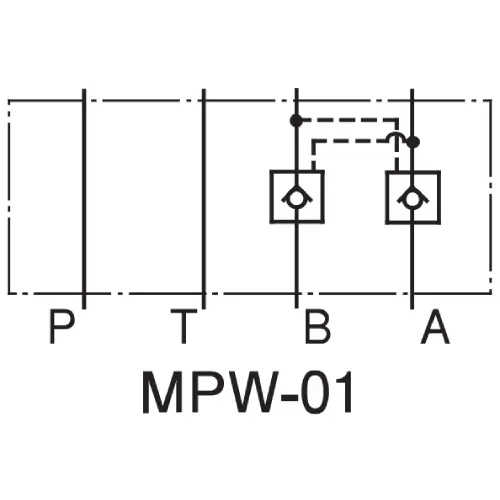Symbol hydrauliczny podwójnego zamka hydraulicznego Yuken MPW-01. Schemat pokazuje dwa zawory zwrotne sterowane krzyżowo w liniach A i B.