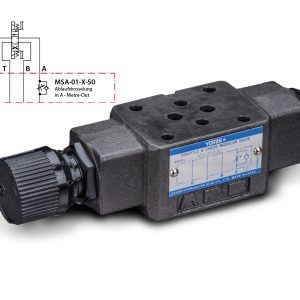 Zdjęcie produktu: modularny zawór dławiąco-zwrotny Yuken MSA-01-X-50 NG6. Widoczne czarne pokrętło regulacji i tabliczka znamionowa zaworu.