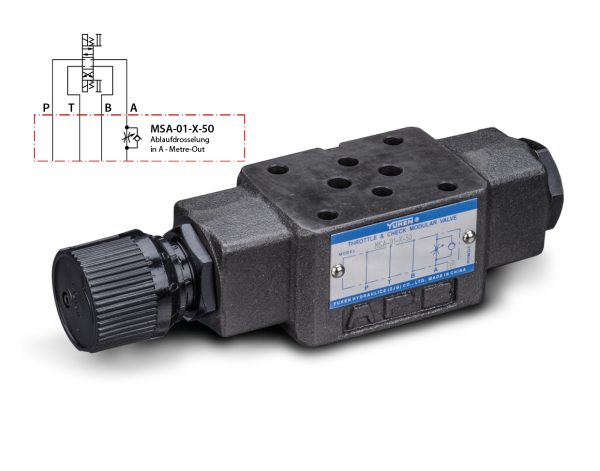 Zdjęcie produktu: modularny zawór dławiąco-zwrotny Yuken MSA-01-X-50 NG6. Widoczne czarne pokrętło regulacji i tabliczka znamionowa zaworu.