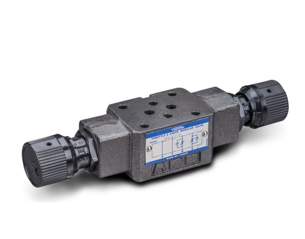 Zdjęcie produktu: podwójny zawór dławiąco-zwrotny Yuken MSW-01-X NG6. Dwa pokrętła do niezależnej regulacji prędkości w obu kierunkach pracy.