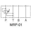 Symbol hydrauliczny zaworu redukcyjnego Yuken MRP-01 - schemat pokazujący funkcję redukcji ciśnienia w głównej linii zasilającej P.