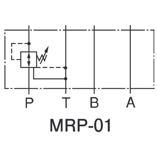 Symbol hydrauliczny zaworu redukcyjnego Yuken MRP-01 - schemat pokazujący funkcję redukcji ciśnienia w głównej linii zasilającej P.