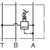 Schemat hydrauliczny zaworu przelewowego Yuken MBA-03. Symbol graficzny dla modułowego zaworu redukcyjnego na linii roboczej A (A-Line) z odprowadzeniem do kanału T.
