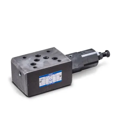 Zawór hydrauliczny Yuken serii MBB-03 do montażu warstwowego. Widok na metalowy korpus zaworu przelewowego, porty przyłączeniowe CETOP 3 oraz mechanizm nastawczy.