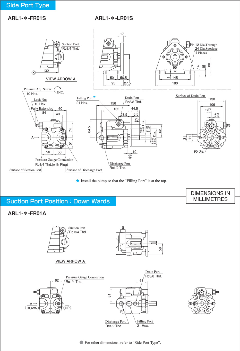Wymiary gabarytowe pomp Yuken ARL1 — Side Port i Suction Port Down, rysunki wymiarowe w mm