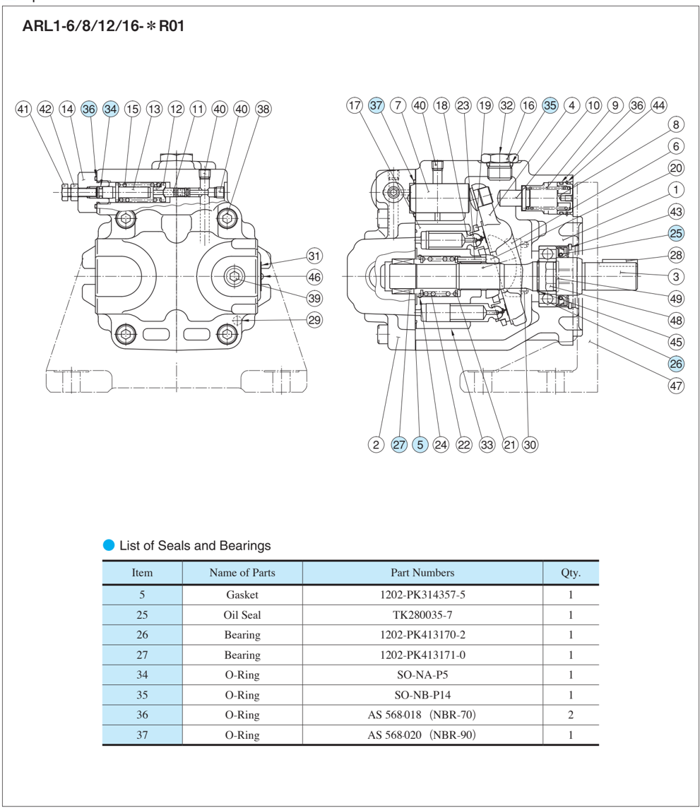 Schemat złożeniowy pompy Yuken ARL1-6/8/12/16 z listą części zamiennych i numerami katalogowymi