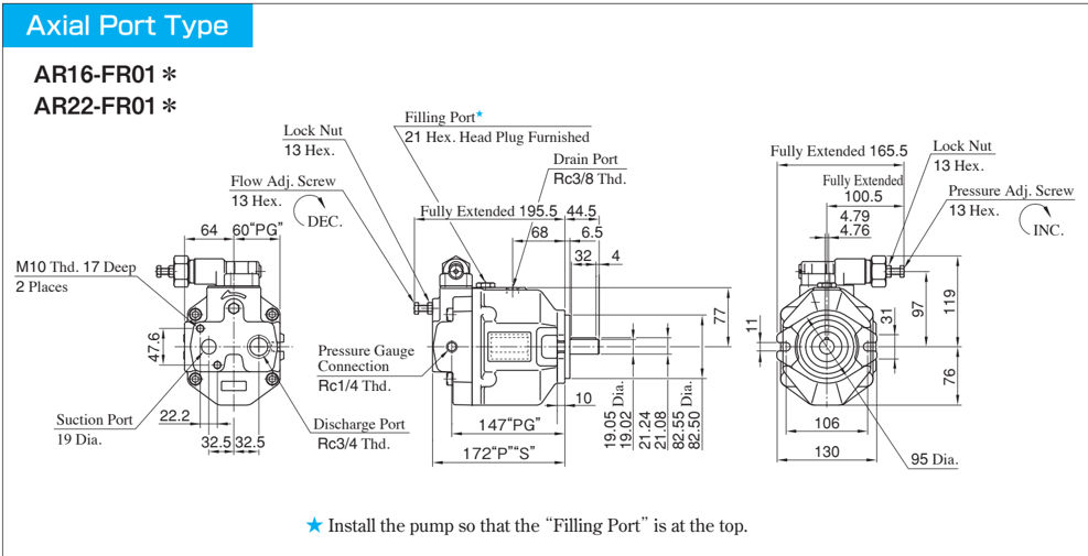 Rysunek wymiarowy pompy tłokowej Yuken AR16 AR22 – wykonanie z portem osiowym (Axial Port Type)